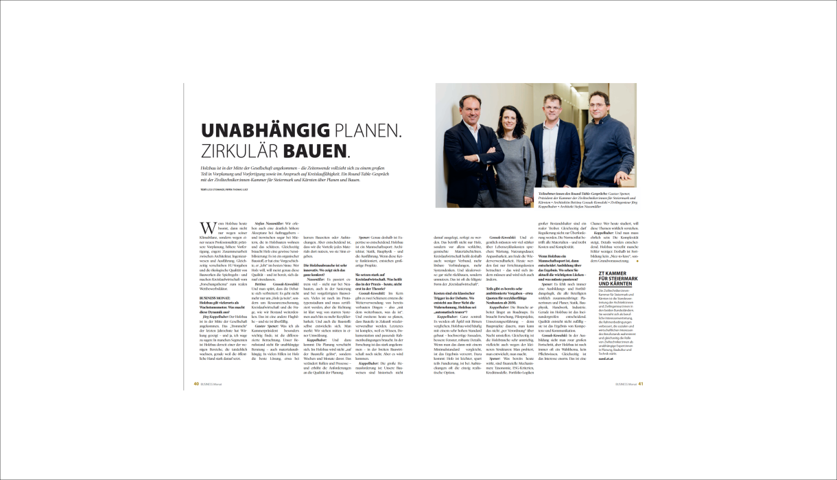 Magazin-Doppelseite mit Artikel „Unabhängig planen. Zirkulär bauen.“ und Gruppenfoto von vier Personen