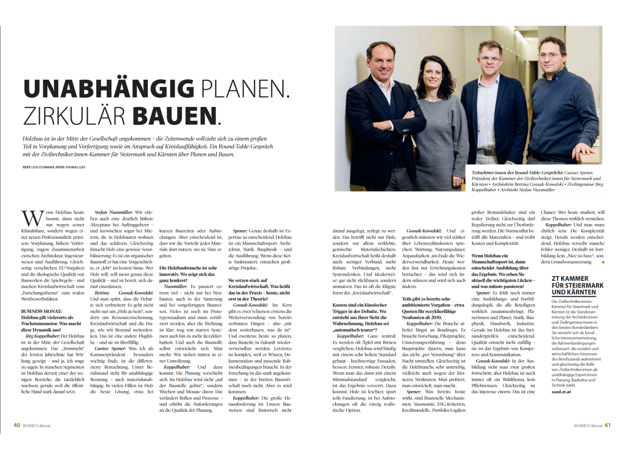 Doppelseite eines Magazins über Holzbau: Überschrift „Unabhängig planen. Zirkulär bauen.“ und Gruppenfoto im Büroflur