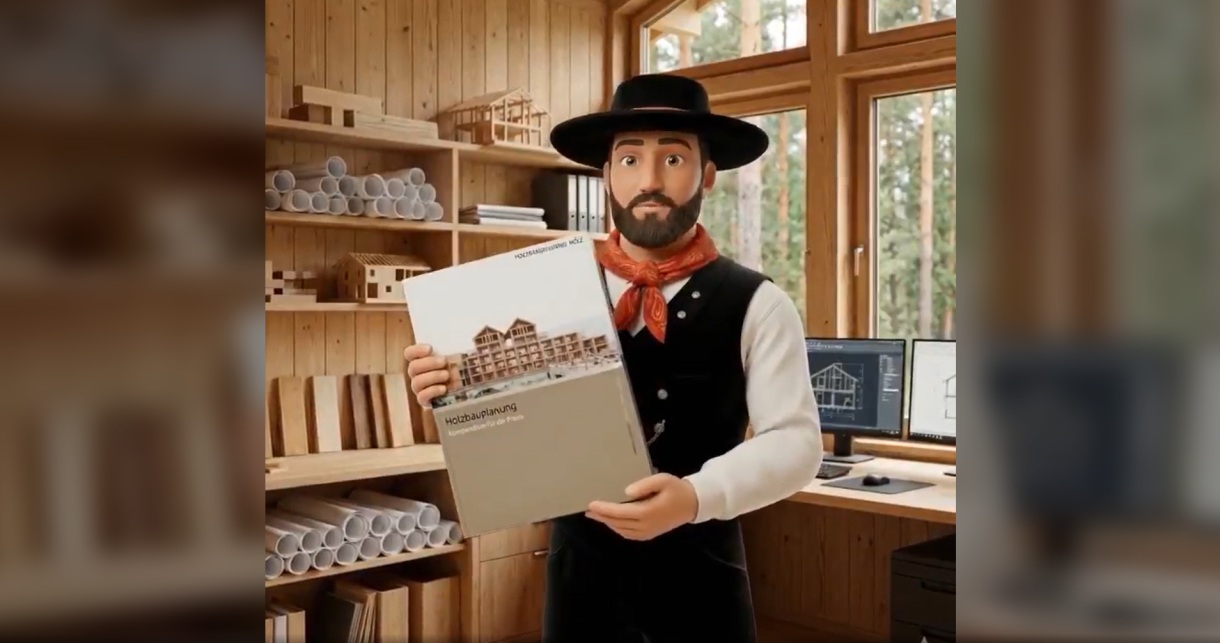 Illustration einer Figur im Holzbaubüro mit Leitfaden zur Holzbauplanung